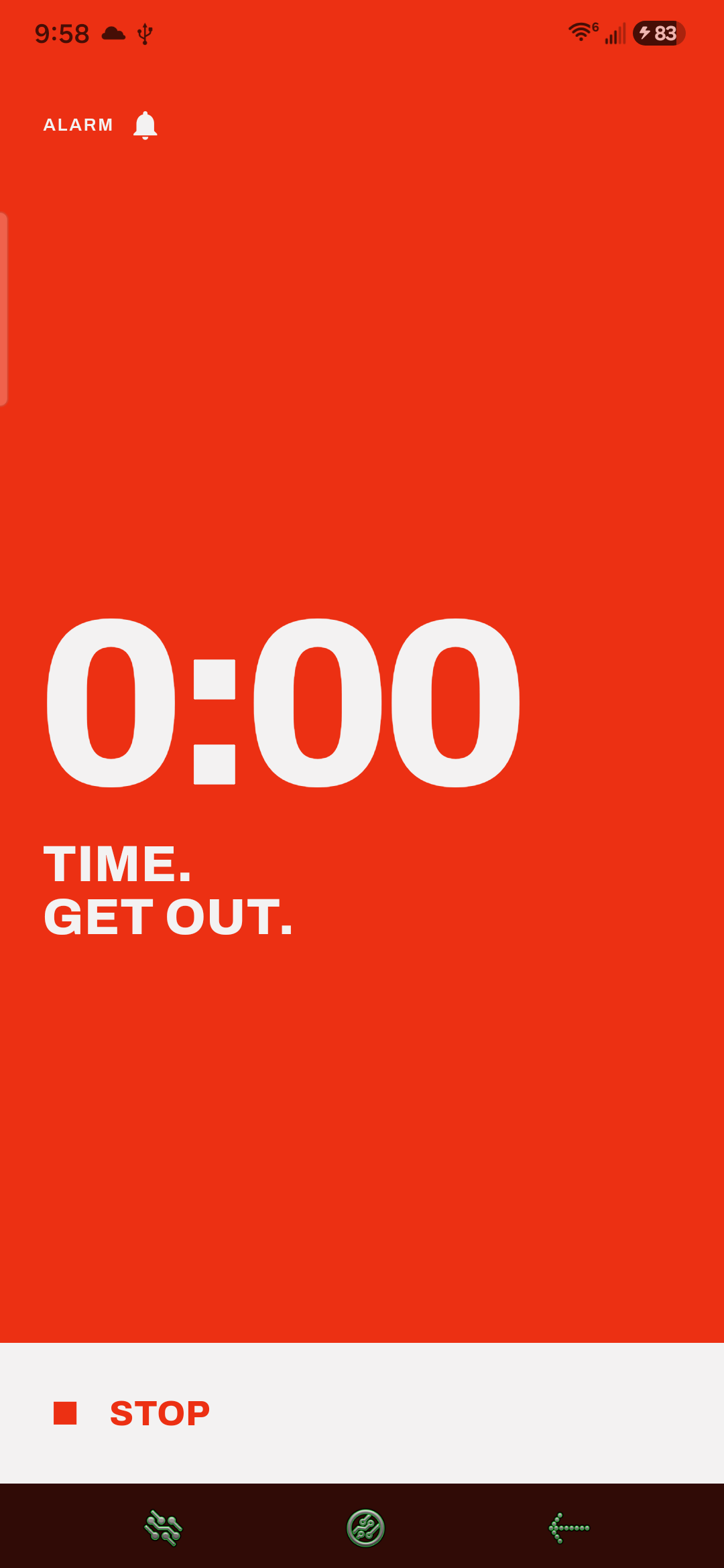 Cold Plunge alarm screen, a full red field with a large stop button