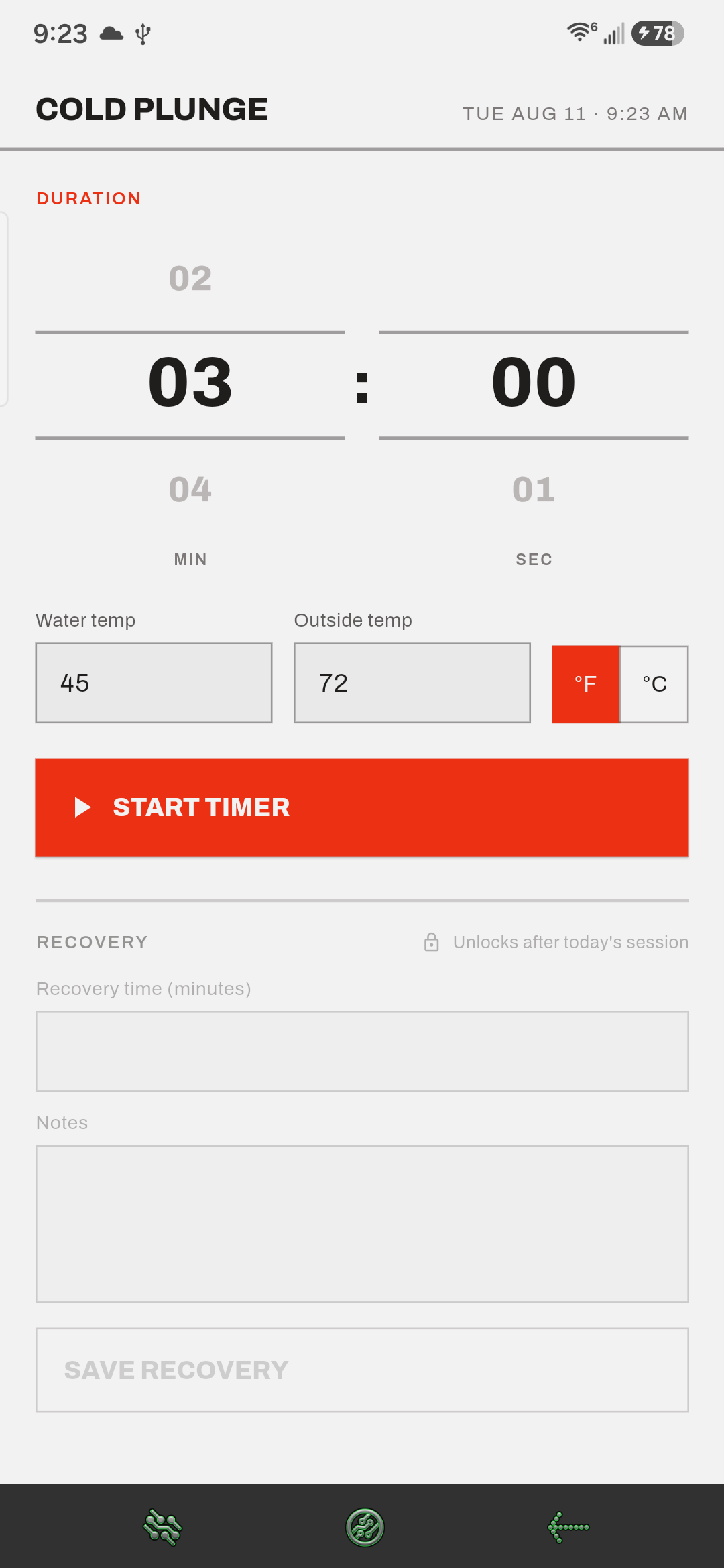 Cold Plunge entry screen with the duration wheel and temperature fields