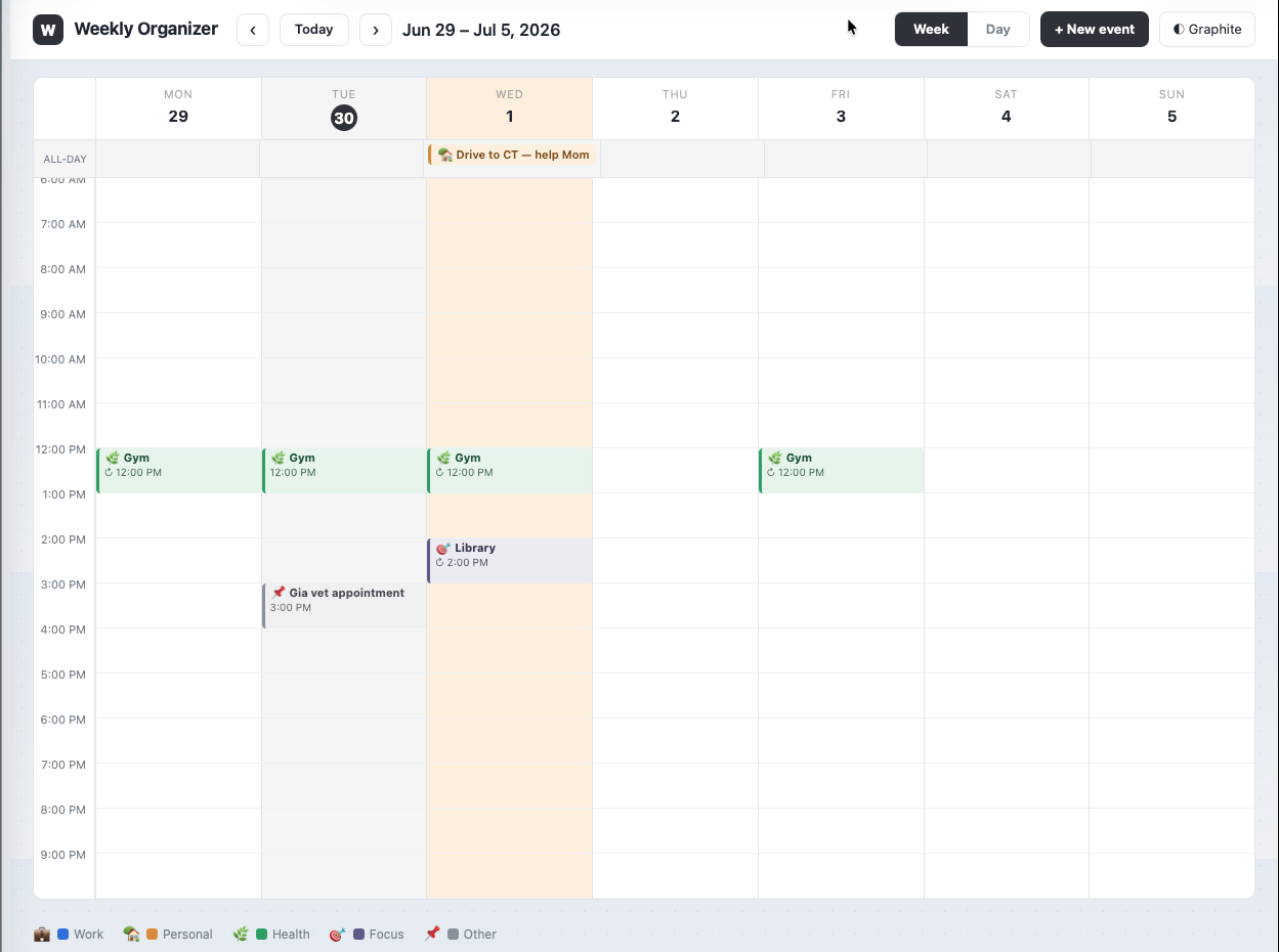 GTD Weekly Organizer — week view